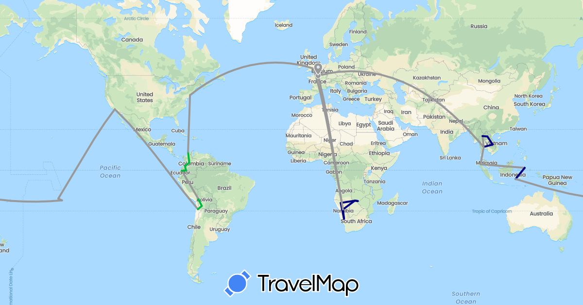 TravelMap itinerary: driving, bus, plane in Bolivia, Chile, Colombia, Ecuador, France, United Kingdom, Indonesia, Laos, Namibia, Thailand, United States, Zambia (Africa, Asia, Europe, North America, South America)